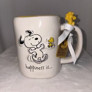 Rae Dunn Peanuts Snoopy & Woodstock on Handle 75 Years "HAPPINESS IS..." MUG